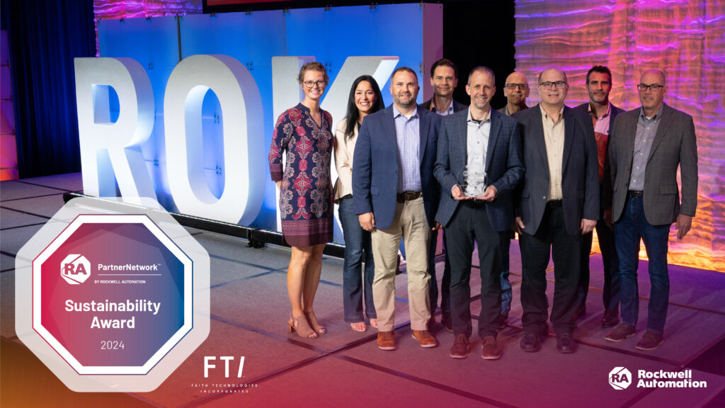 Front row from left: Corey Reinert, FTI, vice president, Wade Leipold, FTI, executive vice president; Steve Schiedemeyer, FTI, director system architecture Back row from left: Corinne Pellish, new energy business development strategy; Nicole Denil, vice president, Global Market Access; Don Shoemaker regional vice president, North America market access; Brad Conover, North American system integrator program manager; Luis Benito Matias Igea, director, Global System Integrator Partners; Joe Mentink, system integrator partner manager, at the Rockwell Automation PartnerNetwork awards ceremony.